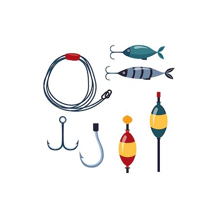 Fishing line, Sopinner And Hooks Cartoon Simple Style Colorful Isolated Flat Vector Illustration On White Background Stock Photo - Budget Royalty-Free & Subscription, Code: 400-08556047