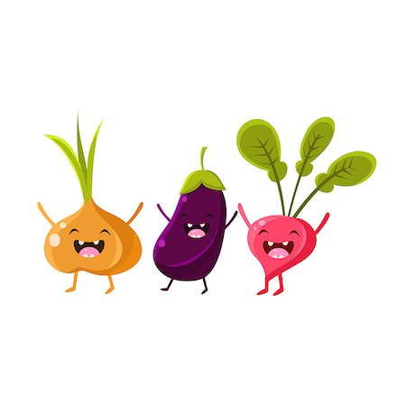 simsearch:400-08554549,k - Onion, Eggplant And Radish Cartoon Friends Vector Isolated Illustration On White Background Fotografie stock - Microstock e Abbonamento, Codice: 400-08556084