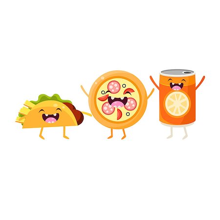 simsearch:400-08554549,k - Tco, Pizza And Soda Cartoon Friends Colorful Funny Flat Vector Isolated Illustration On White Background Fotografie stock - Microstock e Abbonamento, Codice: 400-08556102