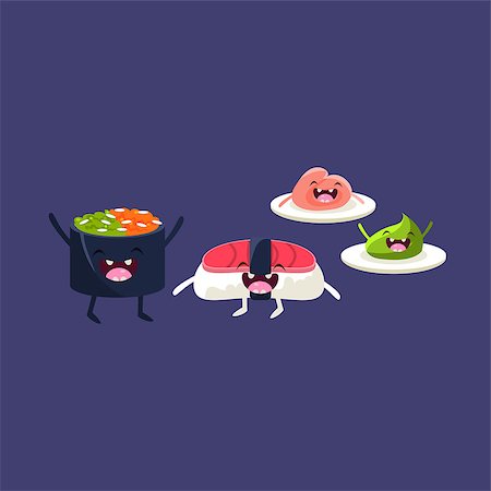 simsearch:400-08554549,k - Sushi Tuna And Rice Cartoon Friends Colorful Funny Flat Vector Isolated Illustration On Blue Background Fotografie stock - Microstock e Abbonamento, Codice: 400-08556115