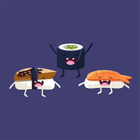 simsearch:400-08554549,k - Sushi And Miso Soup Cartoon Friends Colorful Funny Flat Vector Isolated Illustration On Blue Background Fotografie stock - Microstock e Abbonamento, Codice: 400-08556112