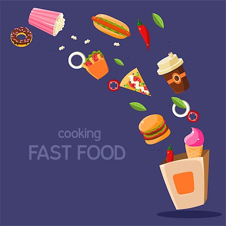 simsearch:400-08554549,k - Fast Food Flying In Paper Bag Flat Bright Colors Simple Style Vector Illustration On Dark Blue Background Fotografie stock - Microstock e Abbonamento, Codice: 400-08556175