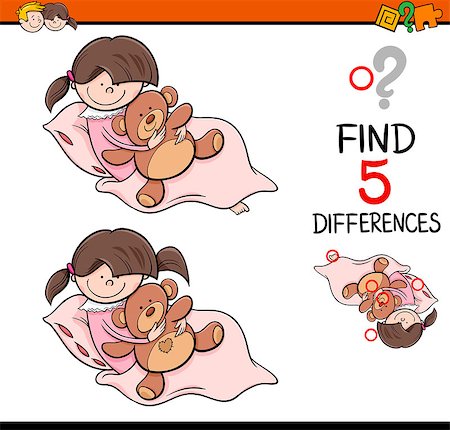 simsearch:400-08551227,k - Cartoon Illustration of Finding Differences Educational Activity Task for Preschool Children with Girl and Teddy Stock Photo - Budget Royalty-Free & Subscription, Code: 400-08556298