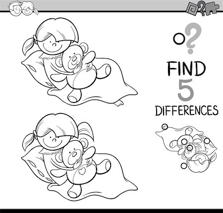 simsearch:400-08916719,k - Black and White Cartoon Illustration of Finding Differences Educational Activity Task for Preschool Children with Girl and Teddy for Coloring Book Stock Photo - Budget Royalty-Free & Subscription, Code: 400-08556299