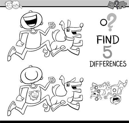 simsearch:400-08551227,k - Black and White Cartoon Illustration of Finding Differences Educational Activity for Preschool Children with Boy and his Dog for Coloring Book Stock Photo - Budget Royalty-Free & Subscription, Code: 400-08556305