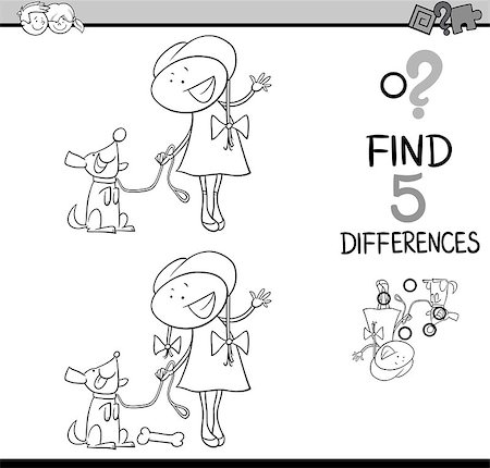 simsearch:400-08916719,k - Black and White Cartoon Illustration of Finding Differences Educational Activity Task for Preschool Children with Girl and her Dog for Coloring Book Stock Photo - Budget Royalty-Free & Subscription, Code: 400-08556307
