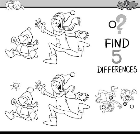 Black and White Cartoon Illustration of Finding Differences Educational Activity Task for Preschool Children with Winter Fun for Coloring Book Stock Photo - Budget Royalty-Free & Subscription, Code: 400-08556301