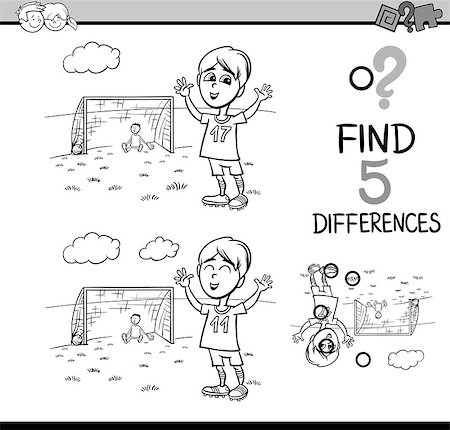 simsearch:400-08551227,k - Black and White Cartoon Illustration of Finding Differences Educational Activity Task for Preschool Children with Boy Playing Soccer for Coloring Book Stock Photo - Budget Royalty-Free & Subscription, Code: 400-08556303