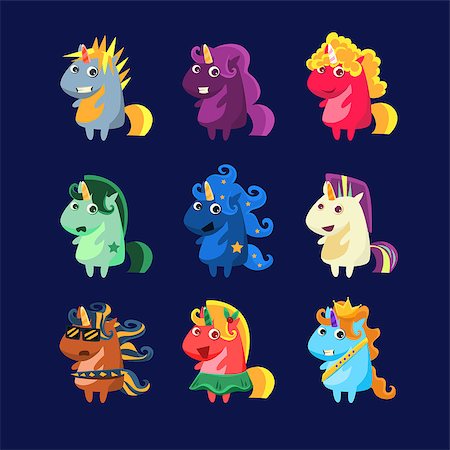 Unicorns In Costumes Set Of Flat Bright Color Childish Cartoon Design Vector Illustrations Isolated On Dark Background Fotografie stock - Microstock e Abbonamento, Codice: 400-08556434