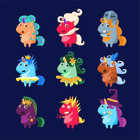 scars - Unicorns In Disguise Set Of Flat Bright Color Childish Cartoon Design Vector Illustrations Isolated On Dark Background Stock Photo - Budget Royalty-Free & Subscription, Code: 400-08556435