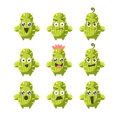 Cactus Cartoon Character Set Of Flat Isolated Funny Vector Icons In Childish Style On Purple Background Stock Photo - Budget Royalty-Free & Subscription, Code: 400-08556432