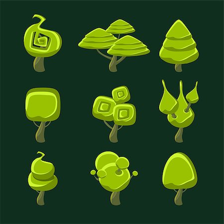 simsearch:400-08934240,k - Trees With Fantastic Shape Crown Set Of Flat Bright Color Cool Fantastic Design Vector Icons Isolated On Dark Background Stock Photo - Budget Royalty-Free & Subscription, Code: 400-08556444