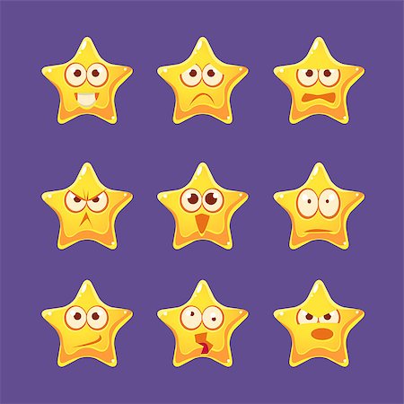 simsearch:400-07407480,k - Golden Star Emoji Character Set Of Flat Bright Color Trendy Cartoon Design Vector Icons Isolated On Violet Background Stockbilder - Microstock & Abonnement, Bildnummer: 400-08556441