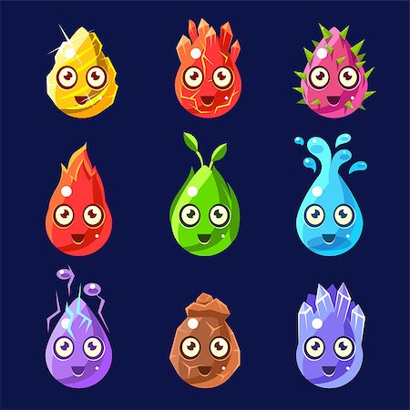 simsearch:400-08934240,k - Natural Elements With Faces Set Of Flat Bright Color Cool Fantastic Design Vector Icons Isolated On Dark Background Stock Photo - Budget Royalty-Free & Subscription, Code: 400-08556443