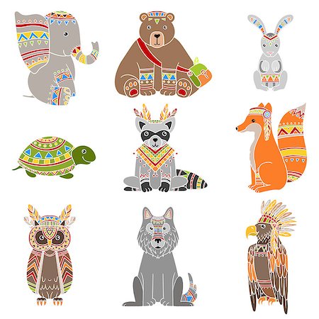 simsearch:400-08934693,k - Animals Wearing Tribal Clothing Set Of Colorful Flat Isolated Icons In Cool Detailed Artistic Design Isolated On White Background Foto de stock - Royalty-Free Super Valor e Assinatura, Número: 400-08556494