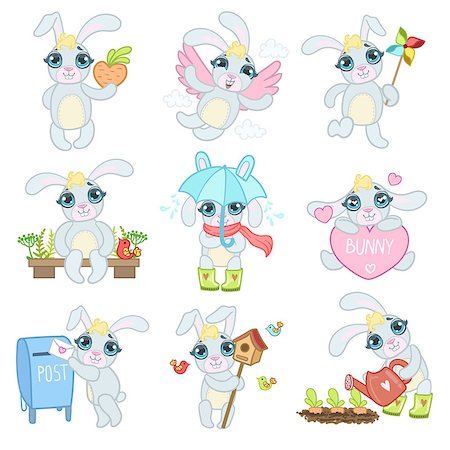 Adorable Bunny Set Of Flat Outlined Girly Vector Design Drawings Isolated On White Background Stock Photo - Budget Royalty-Free & Subscription, Code: 400-08556492