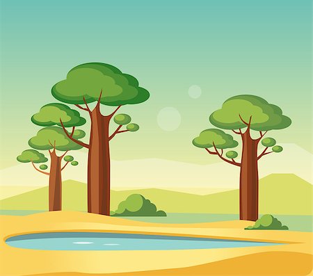 simsearch:400-08556910,k - Oasis With Baobabs Flat Bright Color Simplified Vector Illustration In Realistic Cartoon Style Design Stock Photo - Budget Royalty-Free & Subscription, Code: 400-08556516