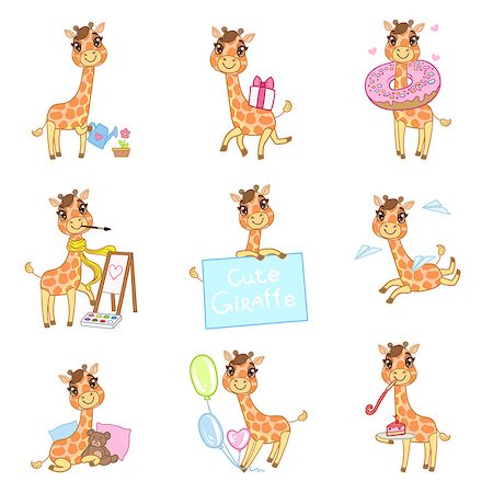 Cute Giraffe Cartoon Set Of Outlined Illustrations In Cute Girly Cartoon Style Isolated On White Background Stock Photo - Budget Royalty-Free & Subscription, Code: 400-08556523