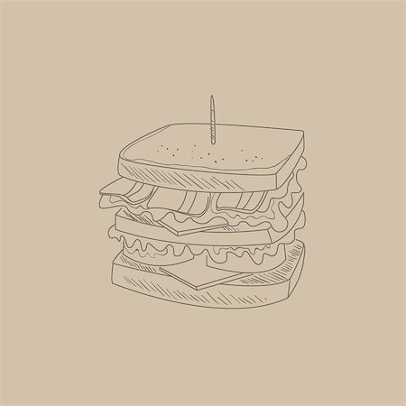 Club Sandwich Hand Drawn  Cool Monochrome Vector Contour Sketch Stock Photo - Budget Royalty-Free & Subscription, Code: 400-08556562