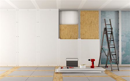 Renovation of an old house with plaster board and wood fiber panels - 3d rendering Stockbilder - Microstock & Abonnement, Bildnummer: 400-08556625