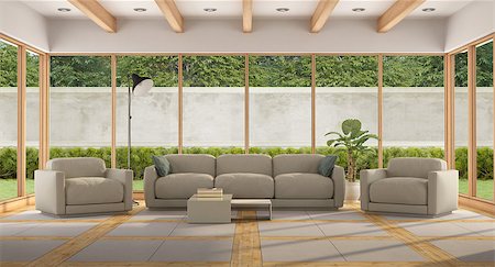 Modern Living room of a holiday villa with large window and garden- 3d rendering - the image on background is a my render composition Foto de stock - Super Valor sin royalties y Suscripción, Código: 400-08556629