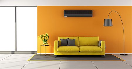 room with air conditioner - Orange living room with air conditioner , yellow sofa and window - 3d rendering Stock Photo - Budget Royalty-Free & Subscription, Code: 400-08556630
