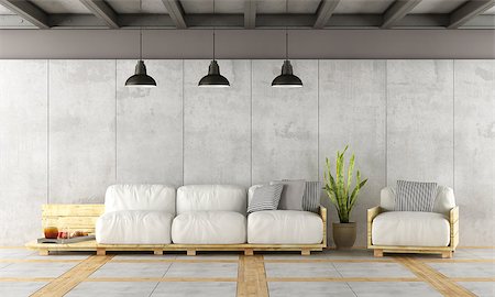 simsearch:400-08554639,k - Contemporary living room with pallet sofa,concrete wall and iron beams - 3d rendering Stock Photo - Budget Royalty-Free & Subscription, Code: 400-08556631