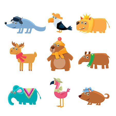 Dressed Animals Set Of Cute Childish Style Bright Color Design Icons Isolated On White Background Stock Photo - Budget Royalty-Free & Subscription, Code: 400-08556775