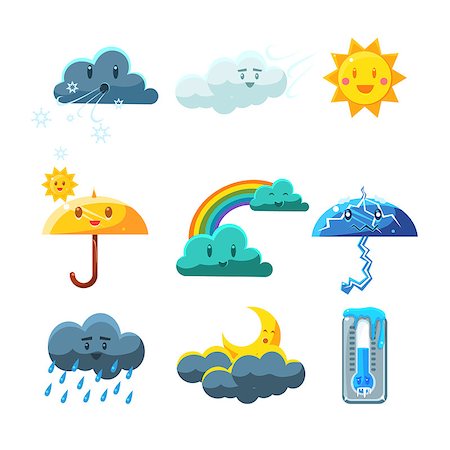 freezing thermometer - Weather Forecast Elements Set Of Cute Childish Style Bright Color Design Icons Isolated On White Background Stock Photo - Budget Royalty-Free & Subscription, Code: 400-08556785