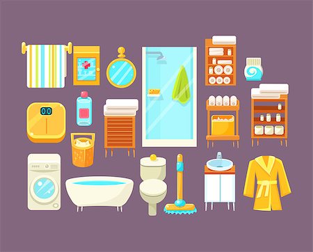 simsearch:400-08776922,k - Bathroom Interior Elements Set Of Bright Color Simplified Style Vector Icons Isolated On Purple Background Foto de stock - Super Valor sin royalties y Suscripción, Código: 400-08556782