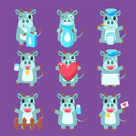 Cute Cow Character Set Of Flat Childish Simple Style Vector Drawings Isolated On Dark Background Stock Photo - Budget Royalty-Free & Subscription, Code: 400-08556796