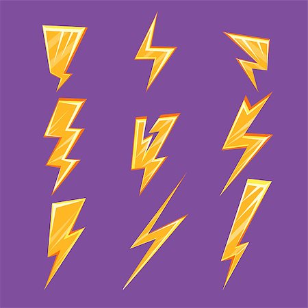 pic of electric shocked - Lightening Bolt Set Of Flat Simple Bright Color Design Vector Drawings Isolated On Dark Background Stock Photo - Budget Royalty-Free & Subscription, Code: 400-08556797