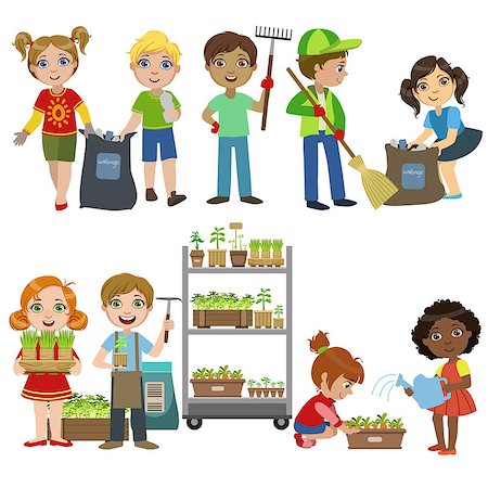 Kids Gardening And Picking Up Garbage Set Of Bright Color Simple Style Flat Vector Illustrations On White Background Stock Photo - Budget Royalty-Free & Subscription, Code: 400-08556810