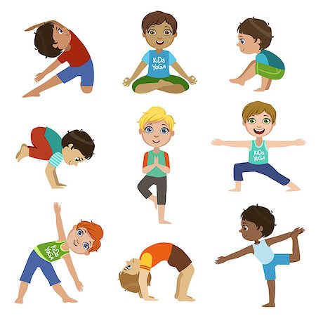 Little Boys Doing Yoga Set Of Bright Color Cartoon Childish Style Flat Vector Drawings Isolated On White Background Stock Photo - Budget Royalty-Free & Subscription, Code: 400-08556811