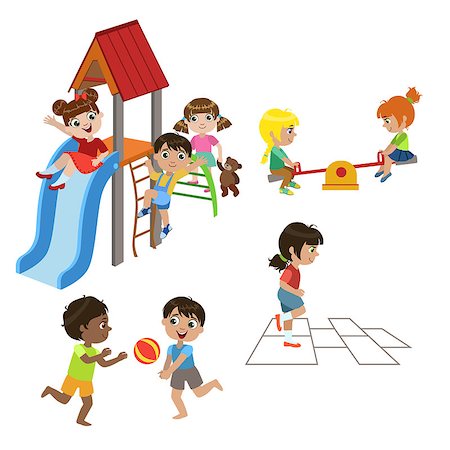 Kids Playing Outdoors Set Of Colorful Simple Design Vector Drawings Isolated On White Background Fotografie stock - Microstock e Abbonamento, Codice: 400-08556899
