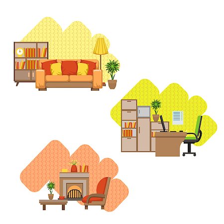 simsearch:400-04280058,k - Living Room And Home Office Interior Design Flat Cartoon Stylized Vector Illustration Set Foto de stock - Super Valor sin royalties y Suscripción, Código: 400-08556907