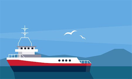 simsearch:400-08556910,k - Cargo Ship At The Sea Flat Bright Color Simplified Vector Illustration In Realistic Cartoon Style Design Stock Photo - Budget Royalty-Free & Subscription, Code: 400-08556912