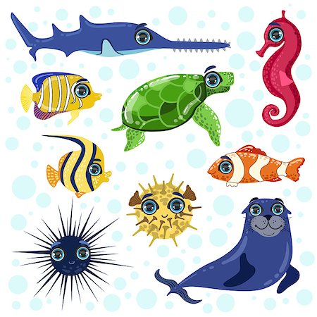 simsearch:400-07224238,k - Sea Animals Set Of Bright Color Cartoon Style Vector Illustrations Isolated On White Background Stock Photo - Budget Royalty-Free & Subscription, Code: 400-08557124