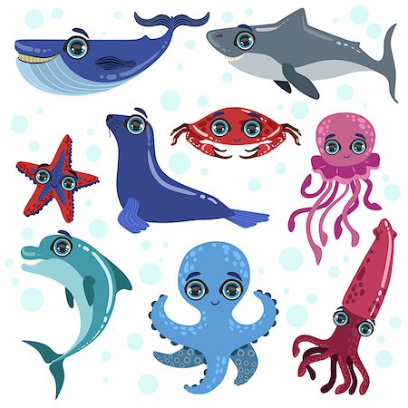 simsearch:400-07224238,k - Marine Animals Set Of Bright Color Cartoon Style Vector Illustrations Isolated On White Background Stock Photo - Budget Royalty-Free & Subscription, Code: 400-08557123