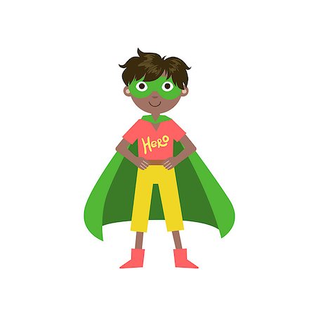 Kid In Superhero Costume With Green Cape Funny And Adorable Flat Isolated Vector Design Illustration On White Background Stock Photo - Budget Royalty-Free & Subscription, Code: 400-08557134