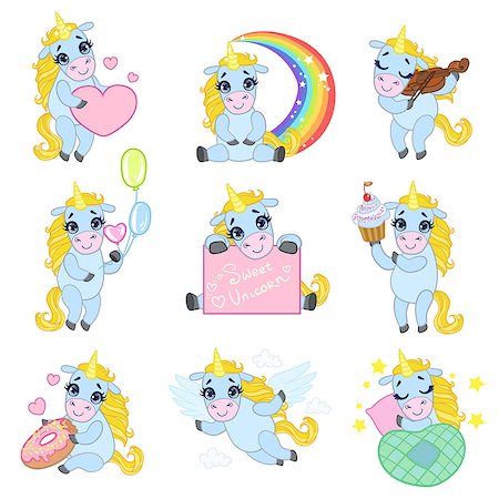 simsearch:400-04274234,k - Cute Unicorn Cartoon Set Of Outlined Illustrations In Cute Girly Cartoon Style Isolated On White Background Photographie de stock - Aubaine LD & Abonnement, Code: 400-08557168