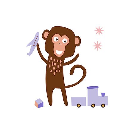 Monkey Playing With Toys Creative Funny And Cute Flat Design Vector Illustration In Simplified Mulicolor Style On White Background Stock Photo - Budget Royalty-Free & Subscription, Code: 400-08557239