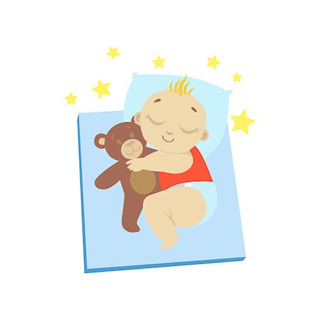 Baby In Red Sleeping With Teddy Bear Flat Simple Cute Style Cartoon Design Vector Illustration Isolated On White Background Stock Photo - Budget Royalty-Free & Subscription, Code: 400-08557259