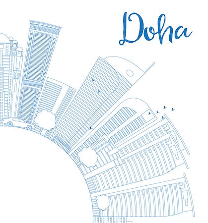 doha skyline - Outline Doha skyline with blue skyscrapers. Vector illustration. Business and tourism concept with skyscrapers and copy space. Image for presentation, banner, placard or web site Stock Photo - Budget Royalty-Free & Subscription, Code: 400-08550914