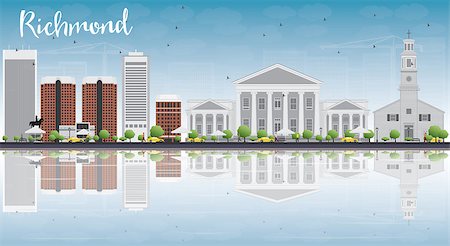 Richmond (Virginia) Skyline with Gray Buildings, Blue Sky and Reflections. Vector Illustration. Business Travel and Tourism Concept with Modern Buildings. Image for Presentation, Banner, Placard and Web Site. Foto de stock - Super Valor sin royalties y Suscripción, Código: 400-08550924