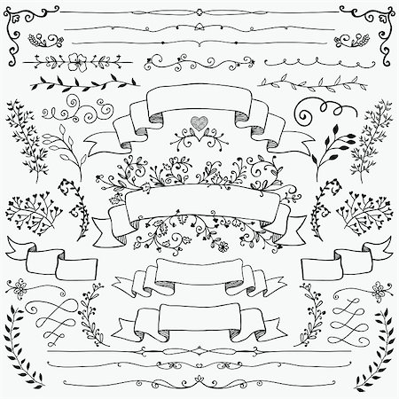 simsearch:400-08755813,k - Hand Drawn Black Doodle Design Elements. Sketched Rustic Decorative Floral Banners, Dividers, Branches, Ribbons. Vintage Vector Illustration. Stock Photo - Budget Royalty-Free & Subscription, Code: 400-08551179