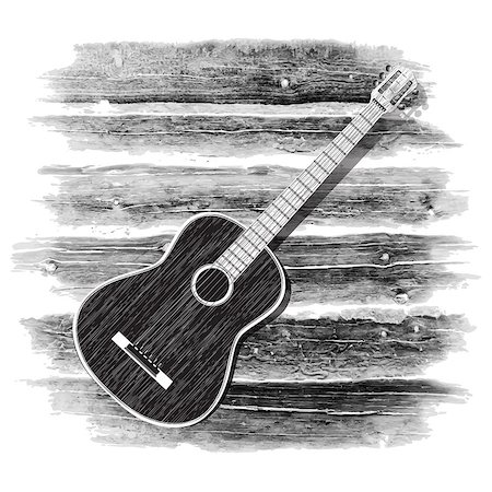 drstokvektor (artist) - Vector illustration of an acoustic guitar on a wooden background in black and white, monochrome image isolated object on a white background. Stockbilder - Microstock & Abonnement, Bildnummer: 400-08551215