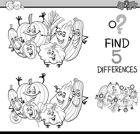 simsearch:400-08916719,k - Black and White Cartoon Illustration of Finding Differences Educational Task for Preschool Children with Vegetable Characters for Coloring Book Stock Photo - Budget Royalty-Free & Subscription, Code: 400-08551216