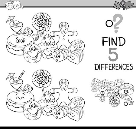 simsearch:400-08551227,k - Black and White Cartoon Illustration of Finding Differences Educational Task for Preschool Children with Sweet Food Characters for Coloring Book Stock Photo - Budget Royalty-Free & Subscription, Code: 400-08551219