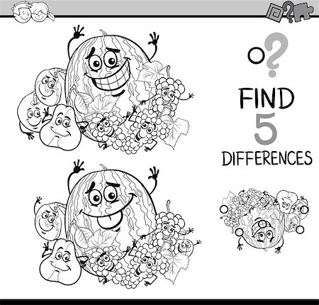 simsearch:400-08916719,k - Black and White Cartoon Illustration of Finding Differences Educational Task for Preschool Children with Fruit Characters for Coloring Book Stock Photo - Budget Royalty-Free & Subscription, Code: 400-08551213